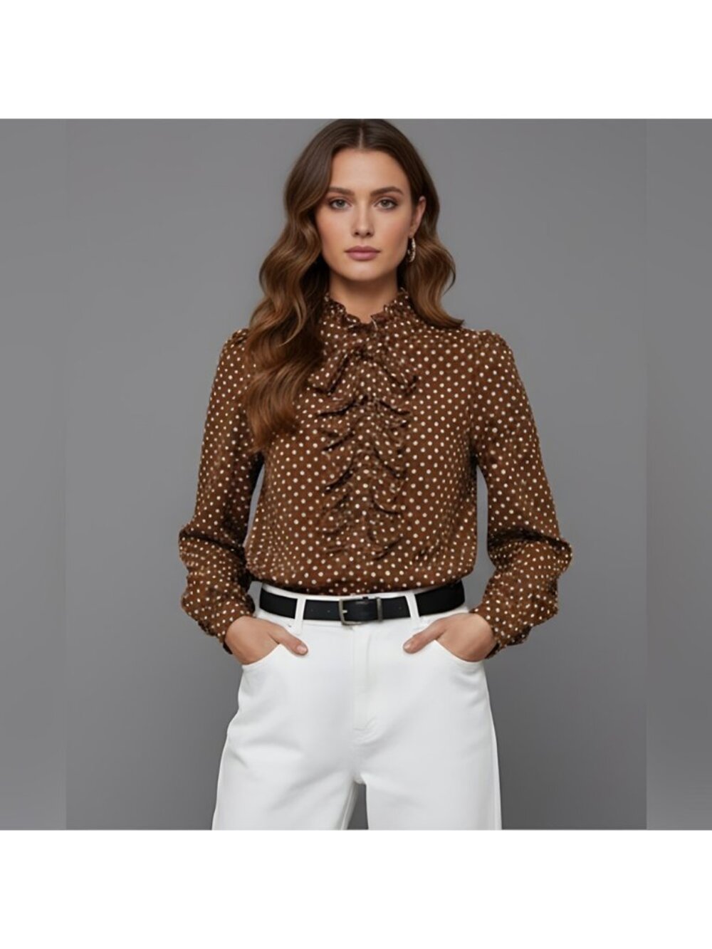 Polka Dot Ruffle Trim Blouse Brown